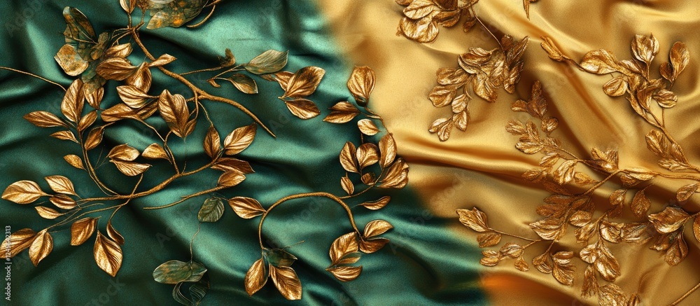 Aufkleber luxurious gold and green silk fabric texture with intricate leaf branches on the left and stunning g