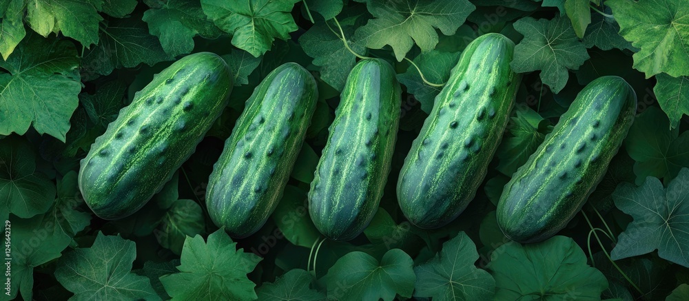 Aufkleber Vibrant green pickling cucumbers arranged in a row on lush green foliage background highlighting their texture and color in a natural setting.