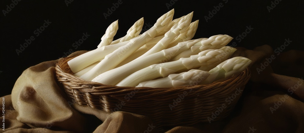 Poster white asparagus arranged in a woven basket against a dark background highlighting the smooth texture