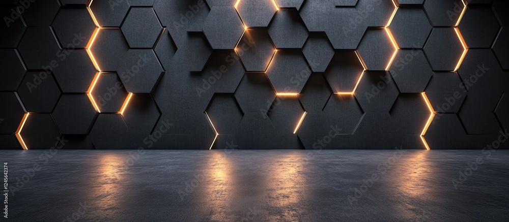 Fototapete dimly lit interior showcasing geometric hexagonal wall patterns with soft glowing lines in warm oran