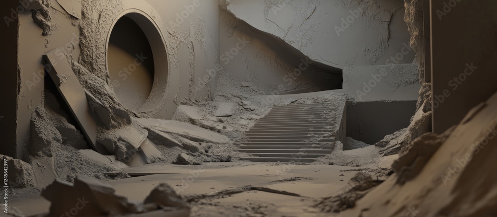 Poster abandoned space with scattered debris and broken walls exhibiting dusty beige tones, featuring a cir