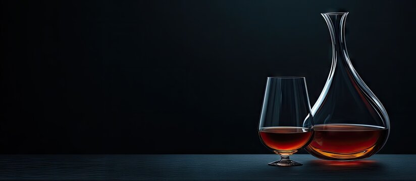 Elegant glass decanter and two cognac glasses positioned on a dark surface with rich amber hues against a deep black background.