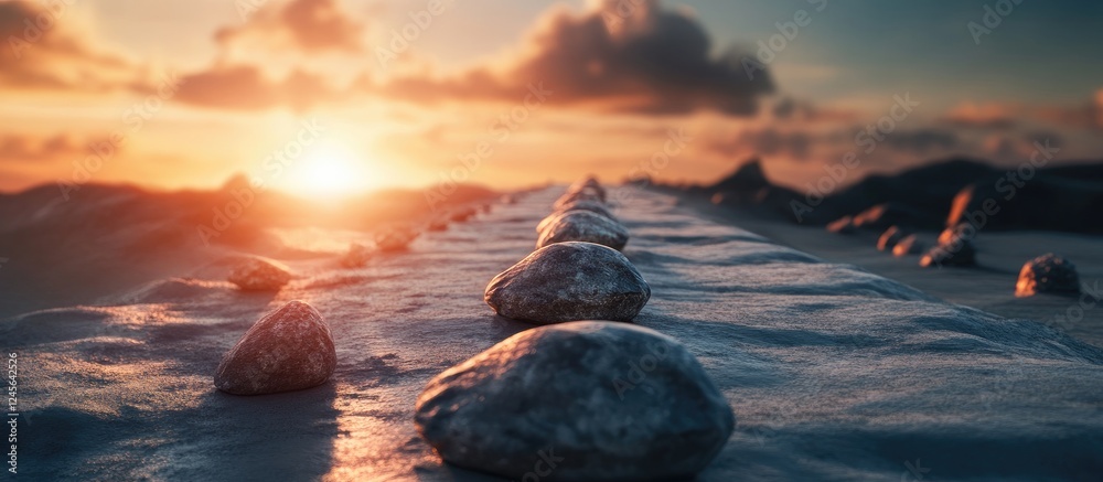 Poster stones marking a path at sunrise with a warm orange glow illuminating the landscape creating a sense