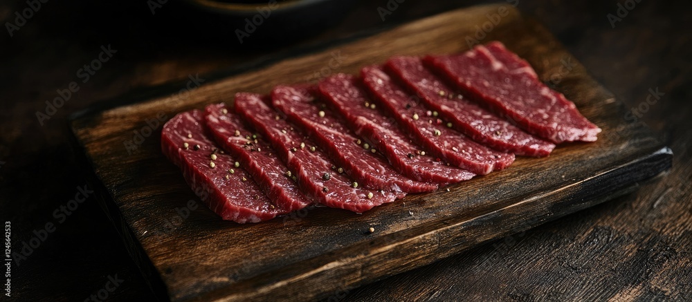 Poster Premium raw beef steak slices arranged neatly on a dark wooden board with a rustic background perfect for butchers and culinary displays