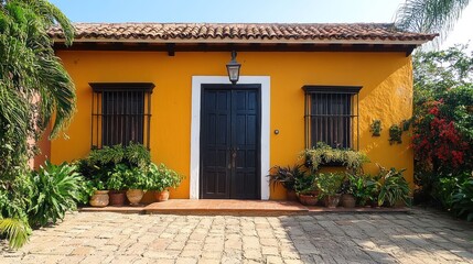 Yellow Colonial House, Courtyard, Tropical Plants, Caribbean, Sunny Day, Exterior, Entrance, Architecture,  Vacation Rental