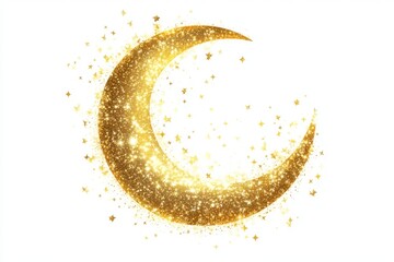 Golden glitter crescent moon with stars, white background, festive design, greeting card