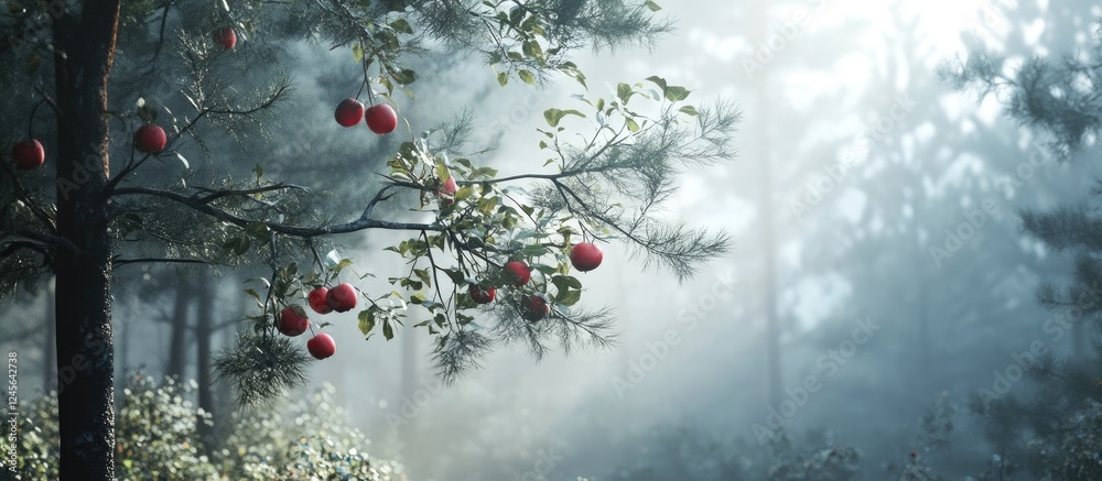 Poster foggy pine forest with red apples hanging from lush branches, creating a serene atmosphere filled wi