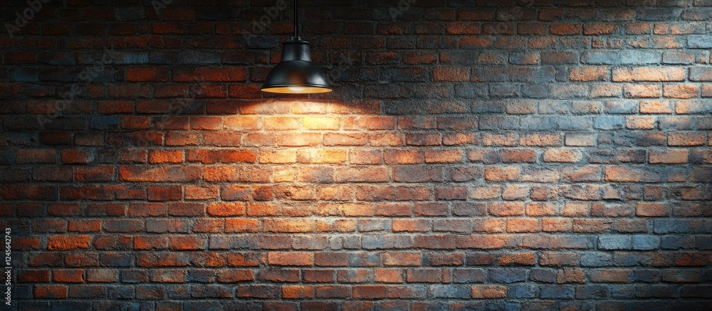 Poster illuminated rustic brick wall with warm light casting shadows, featuring deep reds and browns, creat