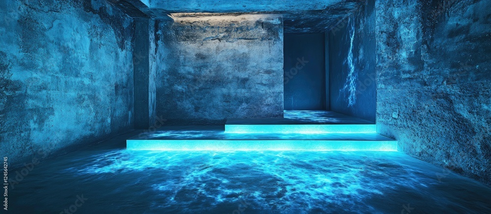Aufkleber Mesmerizing glow in the dark soil illuminates an empty room with blue glowing steps and textured walls creating an ethereal ambiance