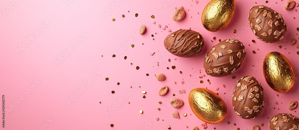 Aufkleber easter chocolate eggs and praline candies arranged on a pink background with golden eggs, creating a