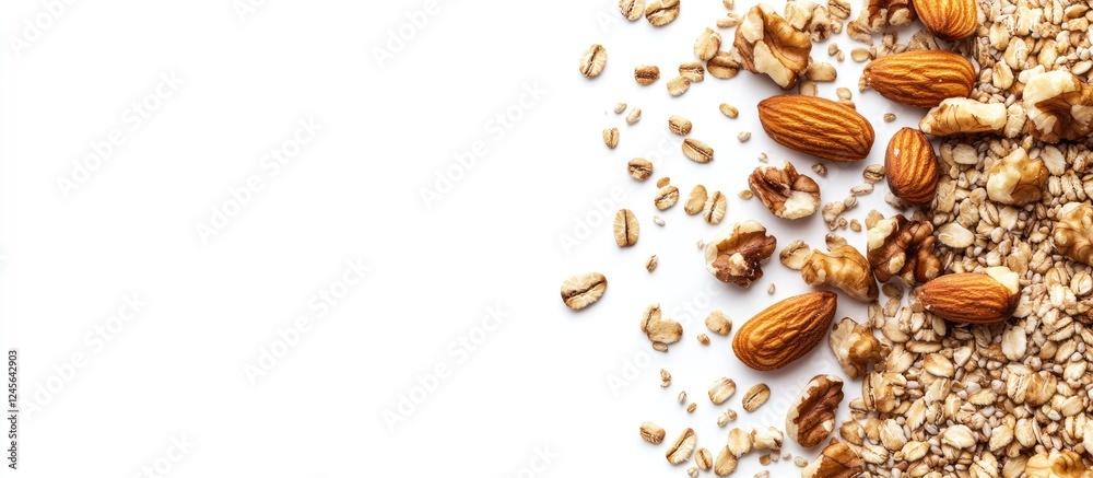 Poster nuts and rolled barley scattered on white background with a clean slate effect ideal for food design