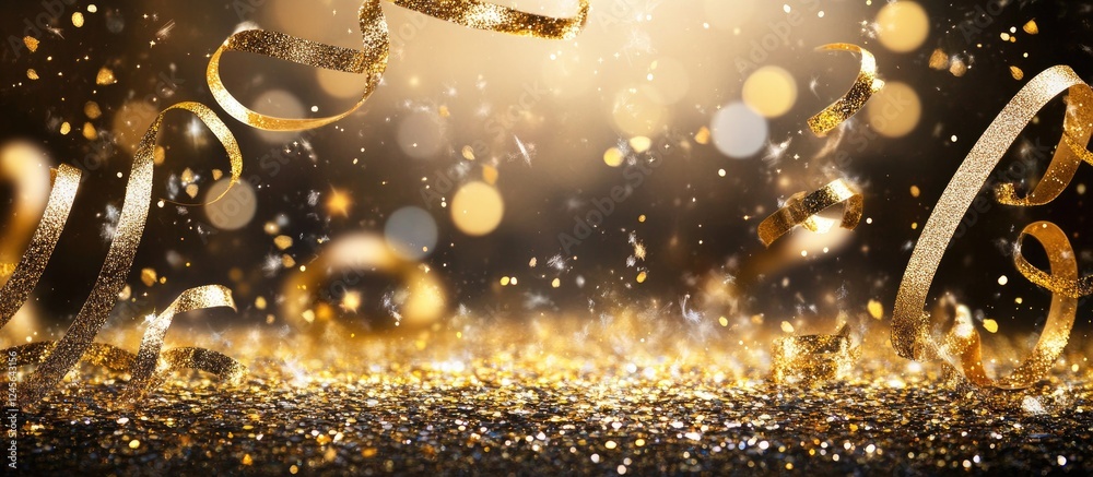 Poster golden confetti and shimmering sequins cascade against a dark gradient backdrop, creating a festive 