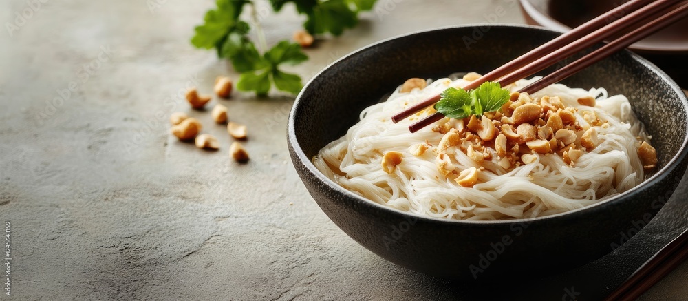 Poster delicious bowl of rice noodles topped with crushed peanuts and fresh cilantro on a textured gray sur