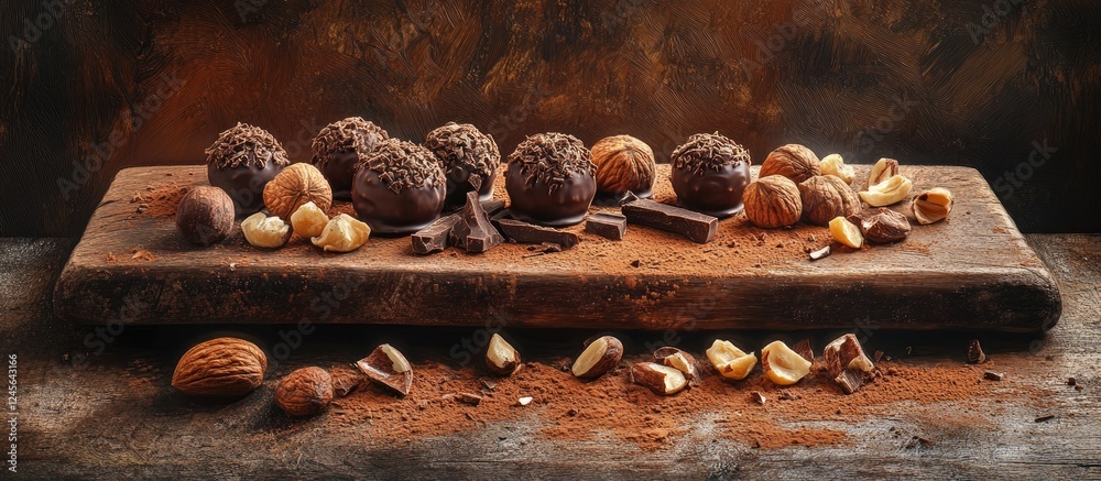 Poster Delicious chocolate truffles arranged on a rustic wooden board with nuts and cocoa powder in warm earthy tones creating a cozy atmosphere
