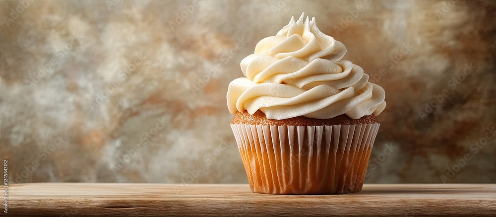 Poster vanilla cupcake with swirled cream frosting on a wooden surface against a blurred textured backgroun