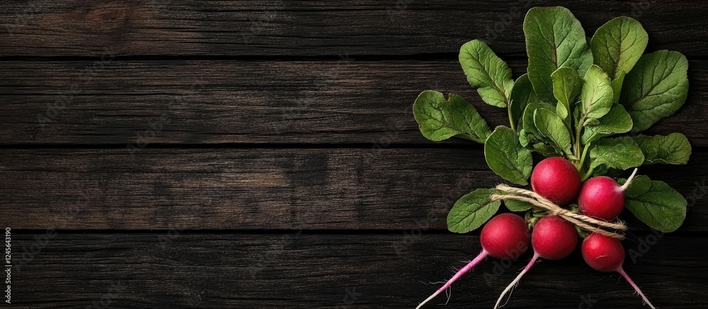 Aufkleber fresh red radishes with lush green leaves tied with twine arranged artistically on a dark wooden sur