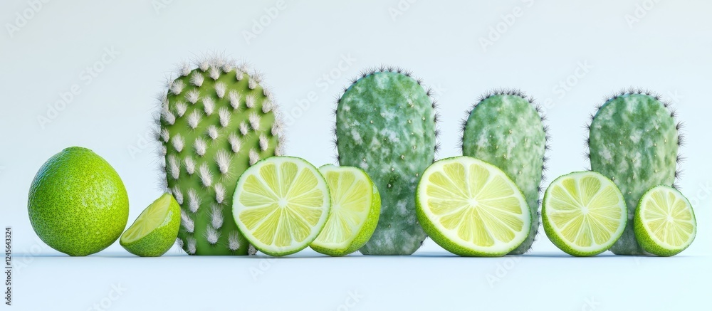 Poster Vibrant green edible cacti and fresh lime slices arranged on a light background highlighting unique textures and colors ideal for culinary use