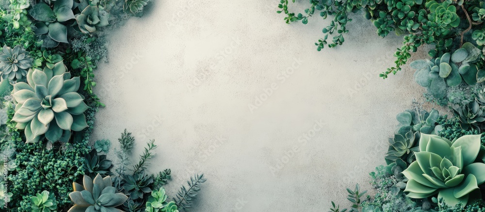 Aufkleber Lush green succulent plants arranged around a blank center space on a light textured background ideal for design customization and showcasing.