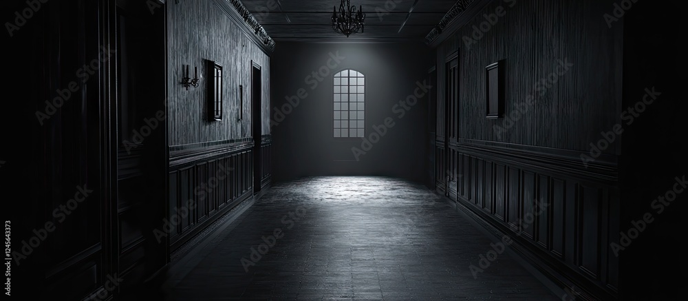 Poster Dark and eerie hallway with dim lighting and a solitary window casting shadows on the walls creating a tense and unsettling atmosphere