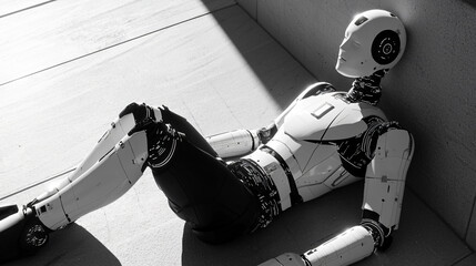 A humanoid robot sitting against a wall in a dimly lit environment, with intricate mechanical details on its body and a relaxed posture that conveys a sense of contemplation.