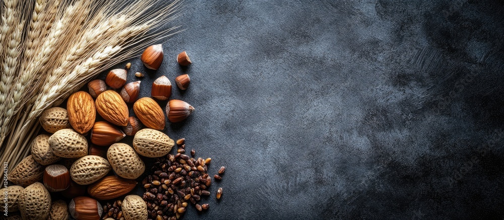 Aufkleber festive food background featuring a mix of assorted nuts and golden wheat arranged on a textured dar