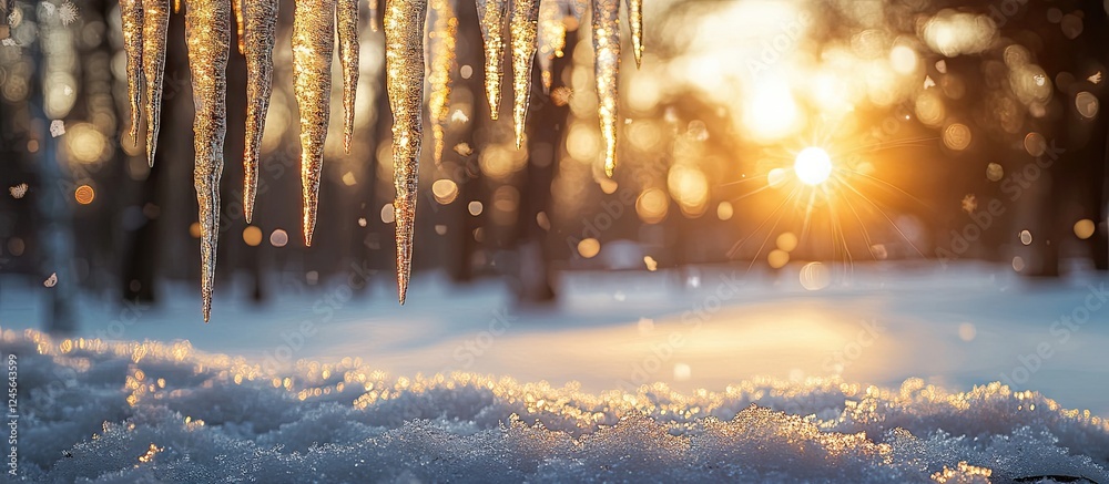 Poster Icicles glistening in warm sunlight with snow-covered ground in focus and a softly blurred backdrop of trees creating a serene winter atmosphere