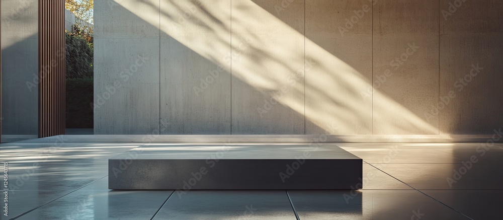 Poster Minimalist square pedestal illuminated by soft natural light in a spacious modern interior showcasing contemporary design and simplicity with gray tones.