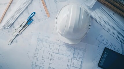 Senior Businessman Architect in Protective Helmet Reviewing Blueprint and Tablet on Construction Site with Building Background