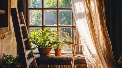 A stepladder positioned beside a window with removed curtains.