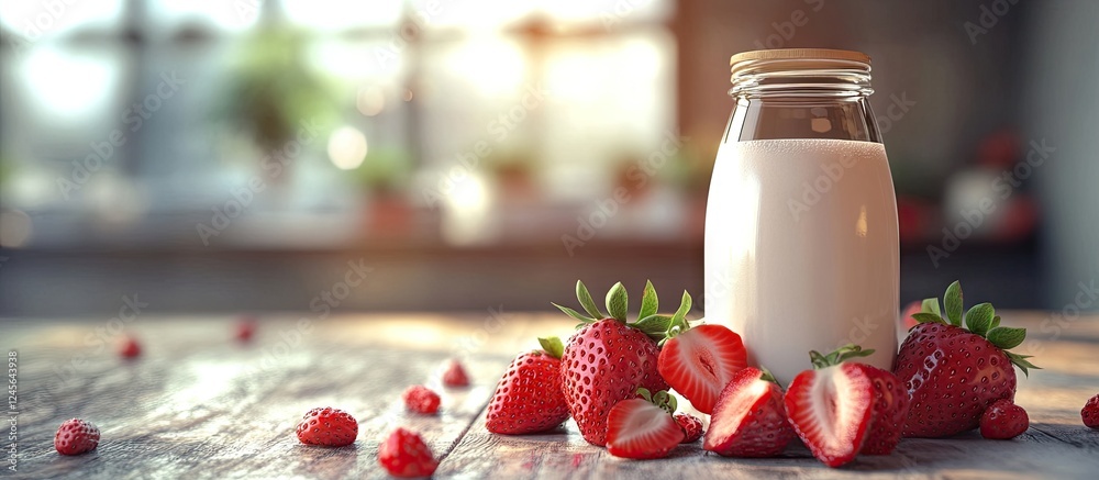 Poster fresh strawberries and a glass bottle of milk on a rustic wooden table with sunlight creating a warm