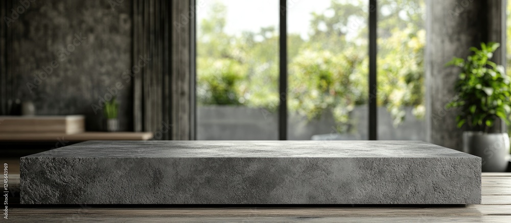 Leinwandbilder gray concrete display platform with minimalist design, positioned in a bright room with large window