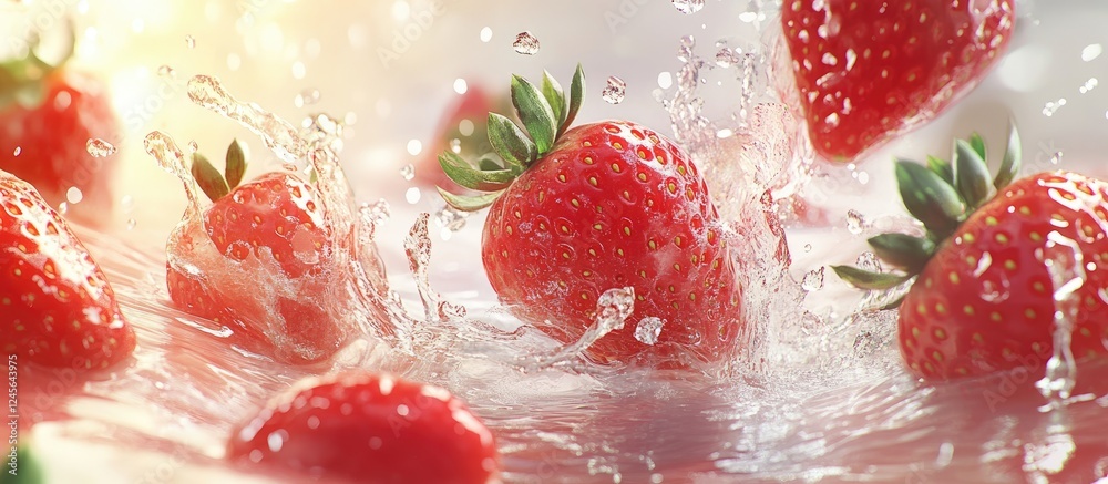 Aufkleber Vibrant red strawberries splashing into clear water with dynamic droplets erupting, creating a refreshing scene of fresh summer produce.