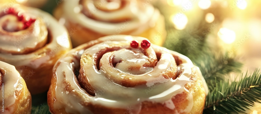 Poster homemade cinnamon rolls with sweet glaze on a festive green background adorned with lights and red b