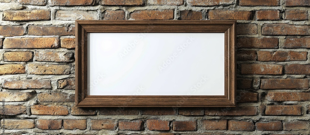 Poster rustic wooden frame mockup against a textured brick wall ideal for showcasing artwork with warm tone