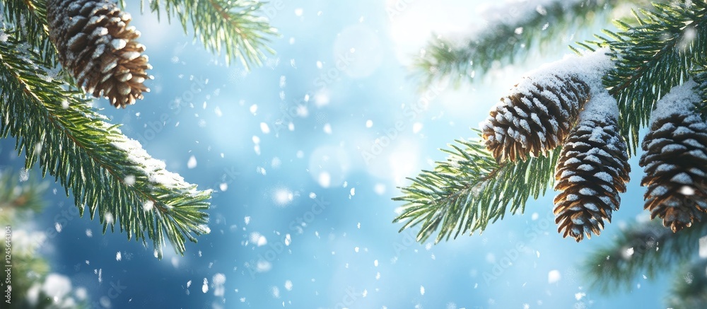 Poster snowy winter scene featuring green pine branches with cones on the left and right, soft blue backgro