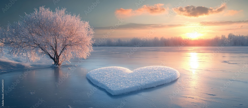 Poster heart shaped snow on a tranquil frozen lake with pastel sunset hues and a frosted tree in the backgr