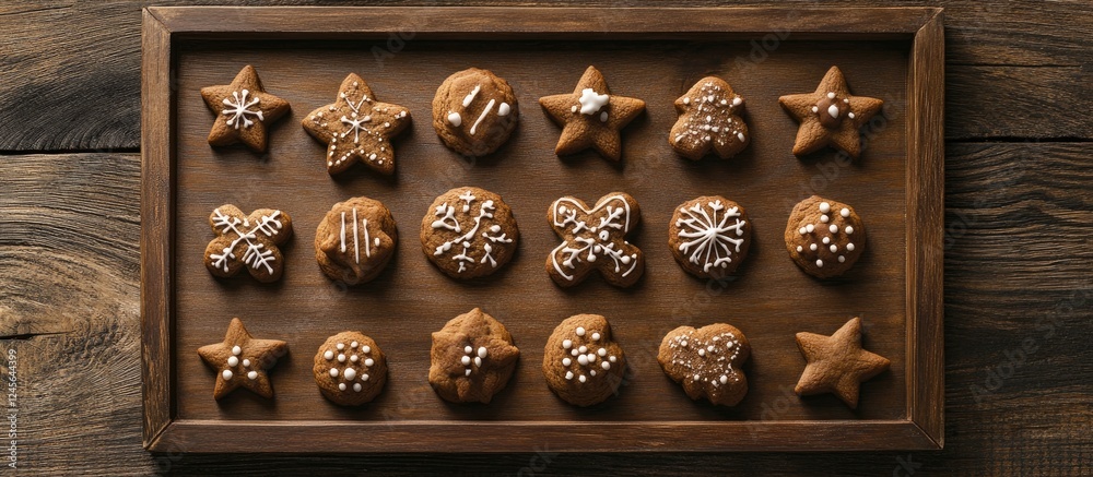 Aufkleber festive gingerbread cookies in various shapes and designs arranged on a rustic wooden tray with a wa