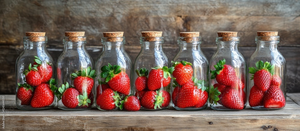 Poster vibrant red strawberries in clear glass bottles with cork lids arranged symmetrically on a rustic wo