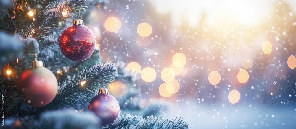 Poster festive christmas tree with red and gold baubles in soft focus, snowy backdrop with falling snow and