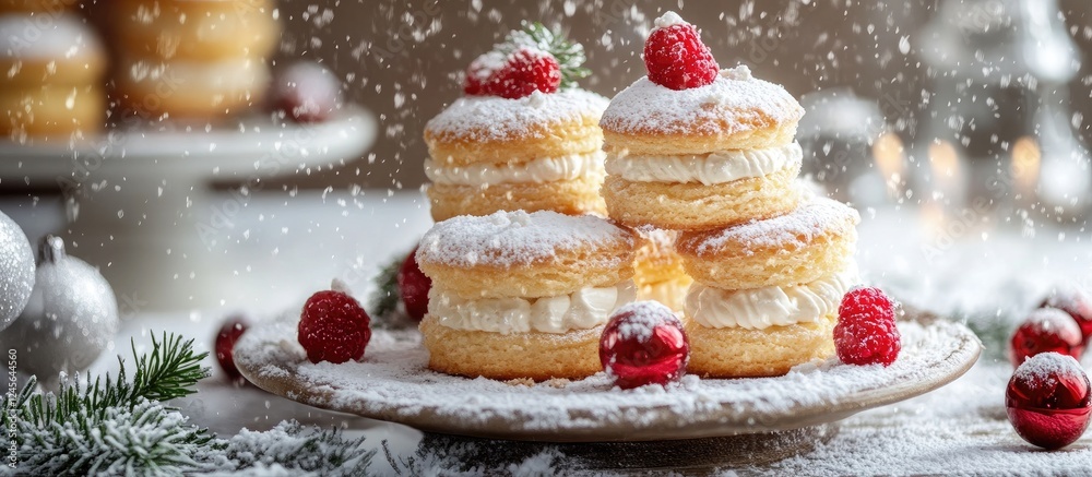 Poster delicious sponge cakes with cream and raspberries arranged on a rustic wooden platter with a snowy f