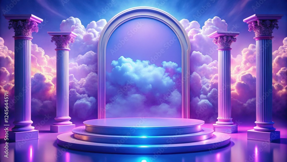 Wall mural serene cloudscape backdrop with classical columns and illuminated platform
