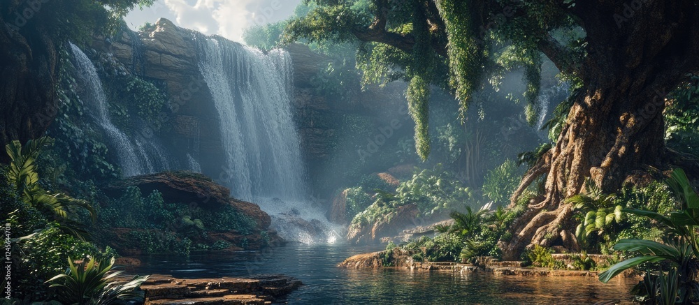 Poster majestic waterfall cascading over lush greenery around a tranquil pool, sunlight filtering through t