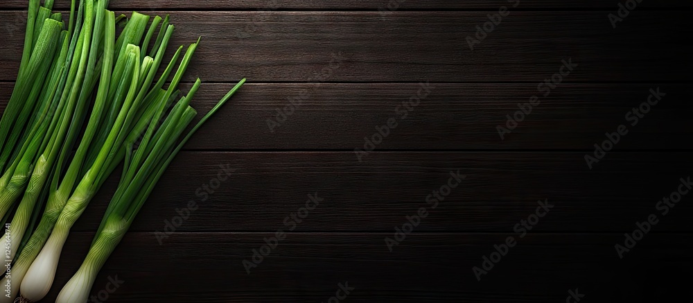 Aufkleber fresh spring onions elegantly arranged on the left of a dark wooden surface with ample negative spac