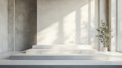 Obraz premium A clean, white podium made from concrete, minimal decorations, in a quiet, contemporary setting 