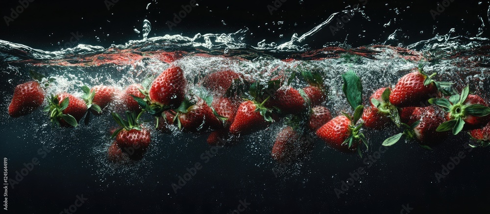 Poster juicy red strawberries splash into dark water creating dynamic bubbles with fresh greenery enhancing