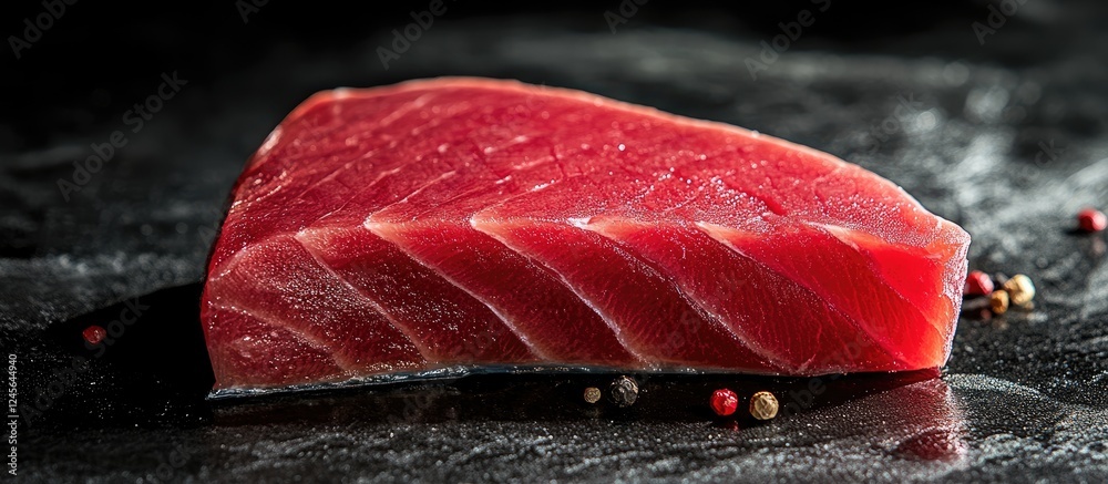 Poster vibrant yellowfin tuna steak displayed on dark stone background with glossy texture and peppercorns 