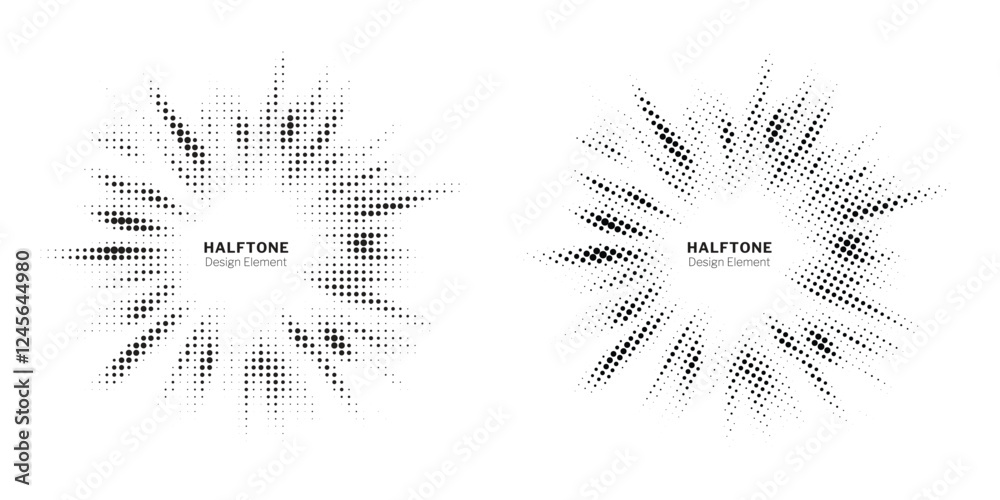 Poster Halftone circle frame background set. Round border Icon using halftone random circle. Grunge circular stain. Vector illustration.
