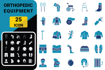 Orthopedic Equipment icon set. Crutches, Knee Brace, Ankle Support, Back Brace, Orthopedic Boot, and Mobility Aid.
