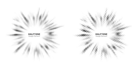 Fototapeta premium Halftone circle frame background set. Round border Icon using halftone random circle. Grunge circular stain. Vector illustration.