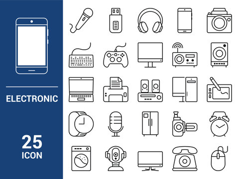 Editable Electronics icons collection. Vector illustrations. Contains Electronic Equipment, mobile phone, microphone, monitor, printer, clock, washing machine, wrist watch, radio, mouse.